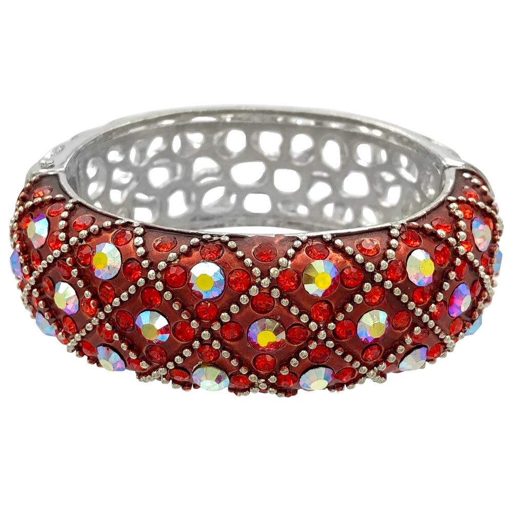 Red Enamel AB Iridescent Rhinestone Chunky Statement Hinged Bangle Bracelet